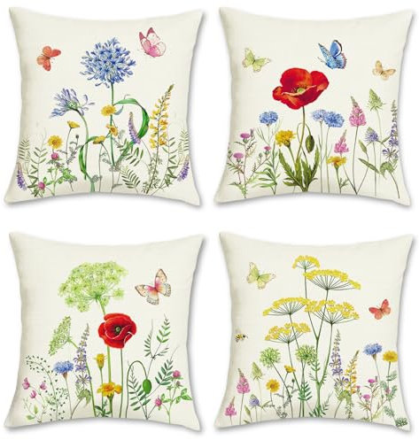 Bonhause 4er Set Kissenbezüge Blumen Garten 45 x 45 cm Doppelseitig Schmetterling Dekorative Kissenhülle Zierkissenbezüge für Sofa Wohnzimmer Zuhause Outdoor Frühling Sommer Dekoration