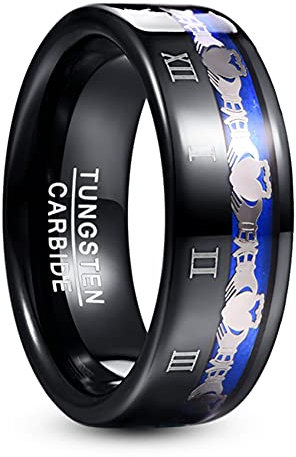 TUNGSTORY Wolfram Ring 8mm Hochzeitsring Schwarz Eingelegt mit Blau Claddagh Muster Gravierte Römische Ziffern Freundschaftsringe Damen/Herren Größe 62(19.7)
