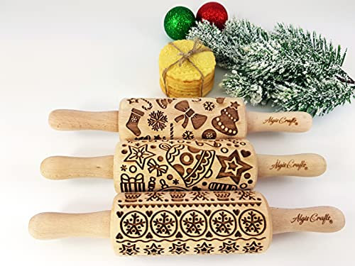 Weihnachtsspaß Kinder Nudelholz mit Muster Weihnachten Backen 3-er SET - Teigroller Holz für DIY Weihnachten Plätzchen - Graviert Plätzchenrolle mit Motiv - 3D Plätzchen Roller von Algis Crafts