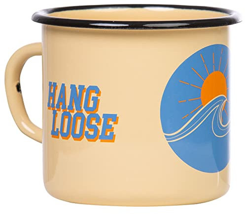 MUGSY Emaille Tasse, Hang loose, 330 ml, Wellen Motiv, Surf, Strand, Sonne, Camping Ausrüstung, beige