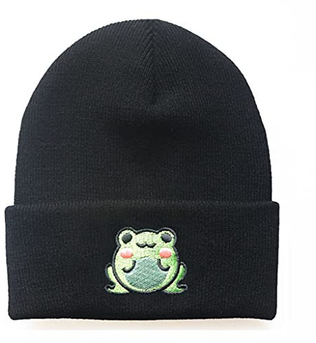 HANBOLI Strickmütze, Einfache Mode Strickmütze Curl Edge Hut Persönlichkeit Strickmütze Niedlichen Cartoon Frosch Stickerei Mütze Herbst Winter Unisex Schwarz