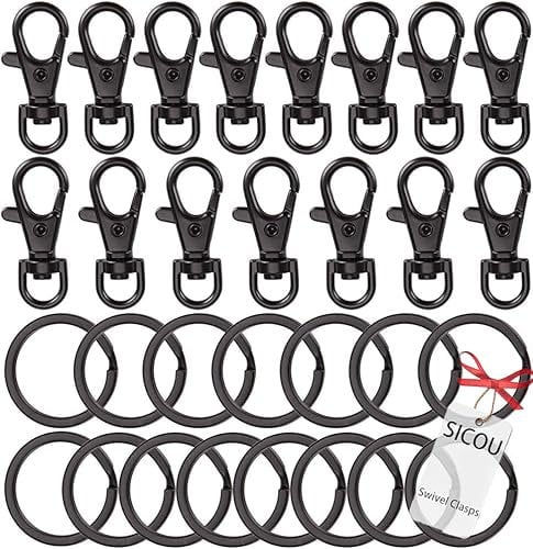 30PCS Keychain Hooks with Key Rings Swivel Clasps Lanyard Snap Hooks Metal Lobster Claw Clasps Key Chain for Lanyard Clip, Jewelry Making, Crafts (Black)