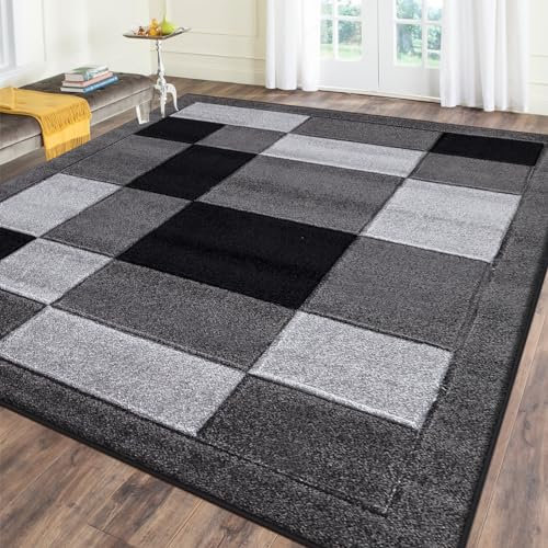 renoazul® Large Carpet Rugs for Living Room, Hallway, Bedroom and Office, 200 x 290 cm, Dark Grey, Washable Stain Resistant Geometric Carpet Rugs