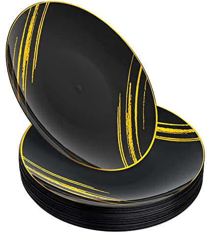 STACKABLES - Juego de 20 platos de plástico duro- Plato negro de unos 19 cm con diseño dorado - Platos de ensalada ligeros reutilizables para cumpleaños, bodas, picnics y aniversarios