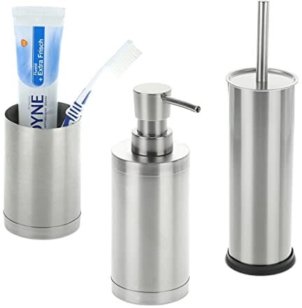 Relaxdays Badezimmer Set, 3-teilig, Seifenspender, Zahnputzbecher, Badaccessoires, Toilettenbürste, Edelstahl, Silber