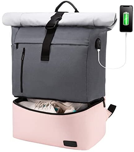 LOVEVOOK Rolltop Rucksack Damen mit Schuhfach Wasserdicht Laptop Rücksack 17 Zoll Reiserucksack Groß Schultasche Trekkingrucksack Sportrucksack für Reisen (Grau-rosa, 17 Zoll)