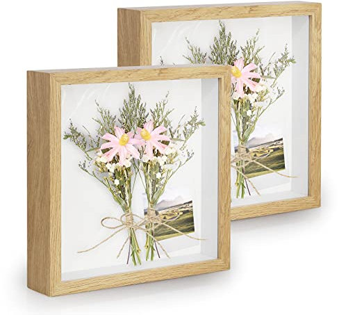 3D Marco de Fotos 20x20 cm, Anhow 2 Piezas Multiples Marcos con Profundidad 3cm con Lámina Vaso Transparente - Color Madera/ 2 Piezas