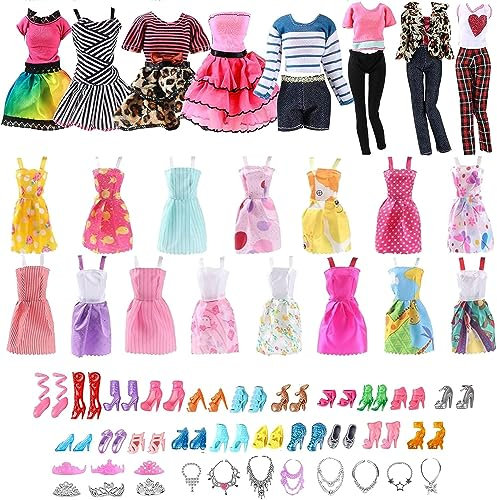 SPOKKI 31PCS Puppenkleidung und Zubehör für Barbie Puppen, 11,5 Zoll Kleidung Zubehör for Barbie, Kleider, Alltagskleidung, Alltagsrock, Kronen, Halsketten, Schuhe für Mädchen Geschenk
