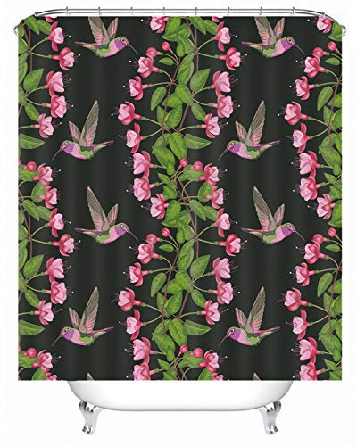EHOMERY Duschvorhang Extra Breit Duschrollo Extra Lang Vögel Blumen Blatt Polyester Schwarz Rostfreie Ösen Und 12 Hakenringe, 90X180Cm