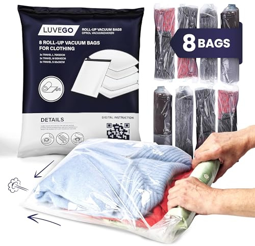LUVEGO Vakuumbeutel für Kleidung Reise 8er Set – Roll-Up Kompressionsbeutel ohne Pumpe, 3 Groß, 3 Mittel, 2 Klein, Reise Vakuumbeutel für Koffer, Urlaub & Gepäck