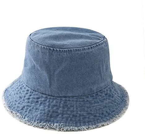 Unisex-Fischerhut gewaschene Jeans Denim Eimercap verstellbare ausgefranste Sonnenhüte für Frauen Reisen Sommer Outdoor Fischermütze, Blau, Medium
