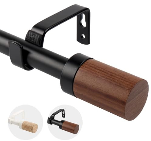 Eson Casa Gardinenstange ausziehbar 210-310 cm, Dia 16/19 mm, Verstellbare Gardinenstange aus Metall mit Holzmaserung Endstücke für Ösenvorhänge, Elegante Moderne Dekostange, schwarz