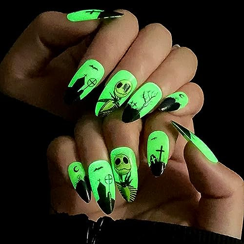 Yatinkim 24stück Almond Halloween Lang Gefälschte Nägel Press on Nägel Künstliche Nagelspitze Glühen Bei Nacht Grün Matte Französische Easter Party