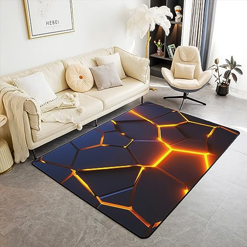 richhome Geometrische Wabenfläche Teppich 100x150, Geometrie Hexagon Abstrakte Kunst rutschfeste Teppich, Moderne Mode Orange Schwarz Neon Dekor Für Wohnzimmer Spielzimmer Hinterhof