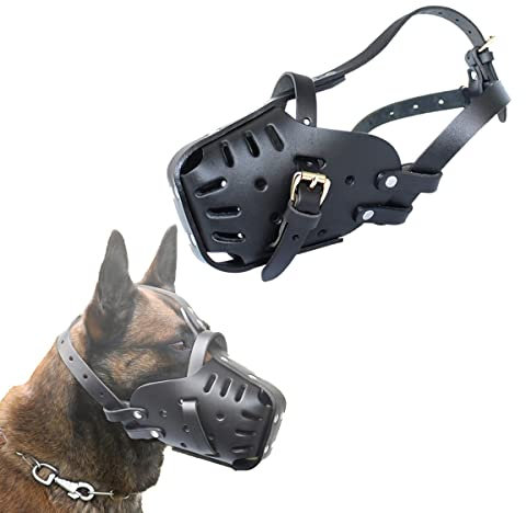 Hundemaulkorb für Deutschen Schäferhund Malinois, Leder-Hundemundschutz zum Beißen, Kauen, Pflegen, Verstellbar, Atmungsaktiv, für Mittelgroße Große Hunde, Schwarz, Halsumfang – 35 x 50 cm