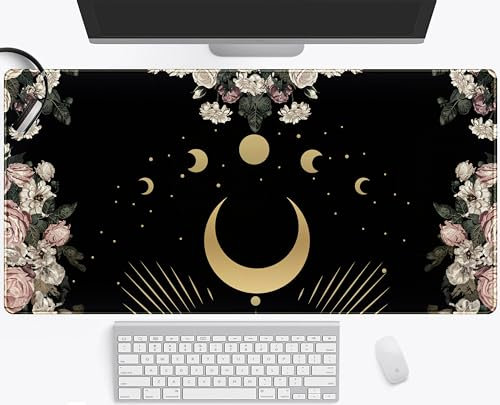 Schreibtischunterlage mit blasser Rosen und Mond, schwarze Blumen, großes Mauspad, XXL, Gaming-Matte, Laptop-Tastatur-Pad für Schreibtisch, Bürodekoration, genähte Kanten, ästhetisches