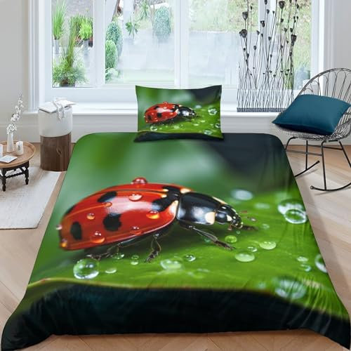 SHEYLE Lady Bug Bettwäsche Verschiedene Größen Ladybird Bettdeckenbezug Schlafhilfe Bettbezug Komfortabel Steppdeckenbezug Set Reißverschluss Bed Linen Sets Single(135x200cm)