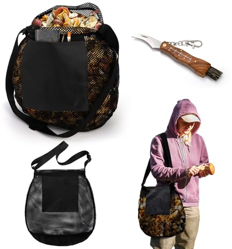 Eorbow 2 Pcs Mushroom Foraging Kit with Bag and Knife, Mesh Harvesting Picking Pouch, Mushroom Hunting Set, Foldable Fungus Knife with Brush, Mushroom Hunting Supplies Collecting Tool