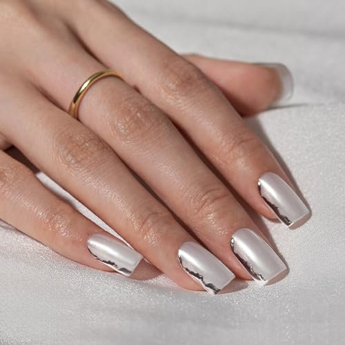 BTArtbox Press On Nails Short - 32 Pcs False Nails with 3D Sculpting Metallic Design, Square Stick On Nails for Women Gift, Supremely Fit Fake Nail in 16 Sizes, Chromium