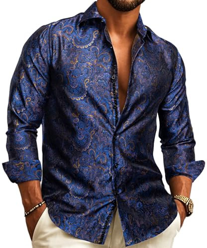 YOHOWA Men's Silk Shirt Button Down Paisley Flower Dress Shirts Formal Casual Work Relaxed Fit Long Sleeve