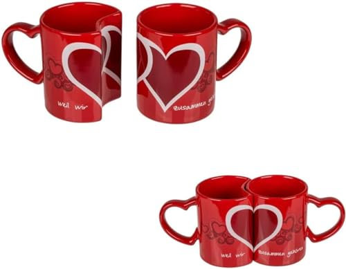 Avilia Juego de 2 tazas para parejas con decoración de corazones – Tazas de pareja encajadas, ideales para desayuno, de cerámica, 357 ml, rojo intenso, regalo romántico