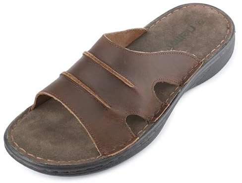 riemot Mens Slide Leather Sandal Summer Beach Indoor and Outdoor Anti-skidding With Two Adjustable Mules/clogs Open Toe Sandals Brown Size UK 12/EU 46