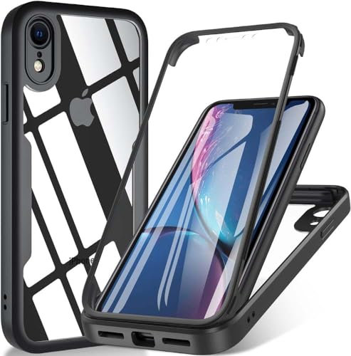 XYZNTMF for iPhone XR Case with Built-in Screen Protector Shockproof Silicone Bumper Hard Clear Shell Full Body Protective Cover Rugged Transparent Back Case for iPhone XR, Black