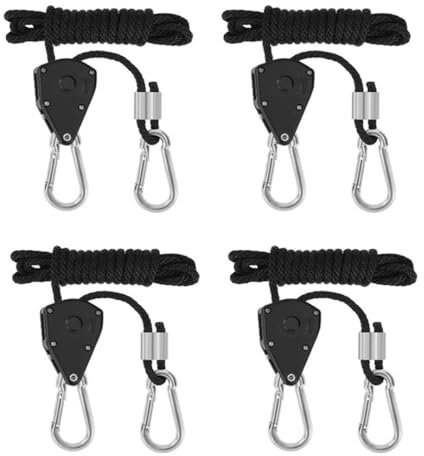 FTXanty 4 Stücke Seil Ratsche mit Haken Einstellbare 1/8 Zoll Metall Duty Heavy Zeltspanner Rope Seilratsche 150lb Paar Schwarz Seilaufhänger Seilspanner Ratsche für Pflanze Lampe Hängende Zelt
