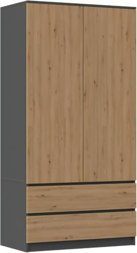 WHATSIZE ENTERPRISE – Modern Double Wardrobe with Drawers – 2 Door Cupboard Contemporary Bedroom Furniture - Large Clothes Cupboard Storage with Shelves, Hanging Rails & 2 Drawers, Anthracite Artisan