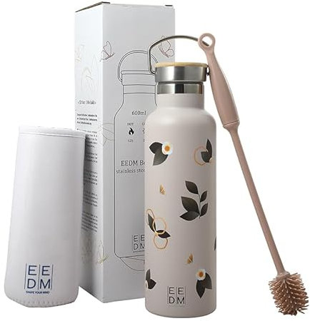 EEDM Gourde isotherme en acier inoxydable 600ml Bouteille d'eau en inox à Double Paroi Gourde sans BPA Etanche Bidon Anti Fuite pour Enfant et Adulte Gym,Sport,école brosse,sac fourni (Café fleuri)