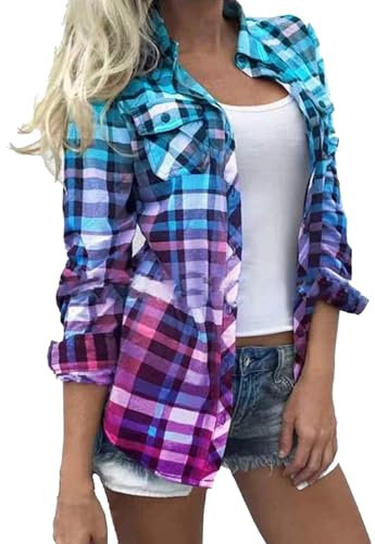 Women's Classic Plaid Shirt Lapel Neck Button Down Boyfriend Casual Check Shirts Daily Loose Fit Going Out Long Sleeve Tops Oversize Open Front Cardigans with Pocket Mint Green