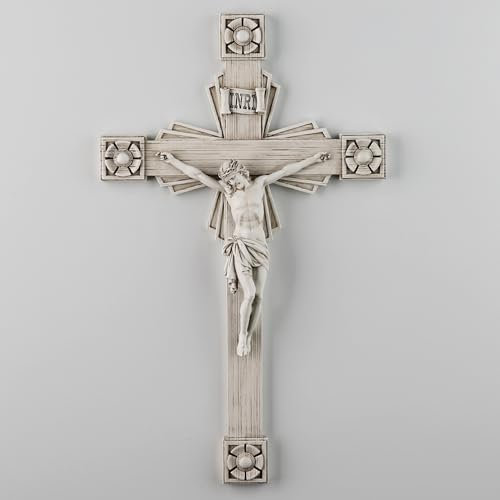 BC Katholisches Kruzifix-Wandkreuz, Jesus Christus, Heimdekoration, Holzschnitzerei, religiöses Geschenk, grau-weißes Finish, 30,5 cm hoch, handbemalt von Buildclassic