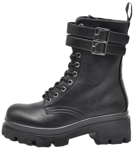IF FASHION Stivali Stivaletti Anfibi Scarpe da Donna Con Platform Doppio Fibbie MP718-2 nero N.40