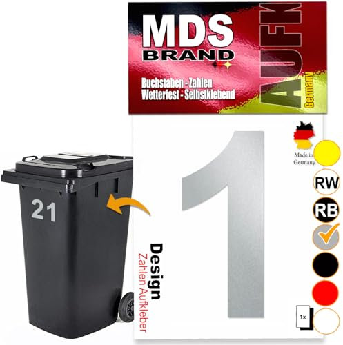 MDS Brand Design 15cm Zahlen Aufkleber Selbstklebende Klebezahlen für Briefkasten, Mülltonne & Hausnummeren Aufkleber für Außen & Innen, D-15 (Silber, 1)