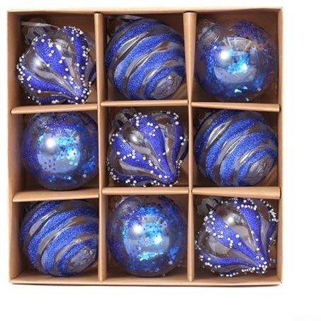 9 STÜCK Dekorative Kugeln, 8CM Fenster-Hängende Weihnachtskugeln, Glitzer Transparente Weihnachtsbaumdekorationen, Hängendes Beflocktes Kugel-Set (Blau)