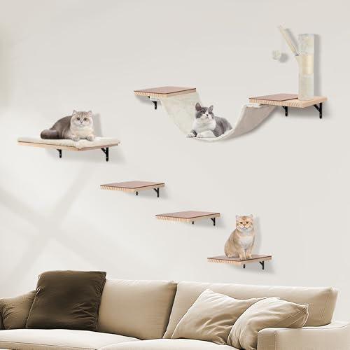 Katzen Kletterwand Set, Kletterwand Katzen aus Massivholz–mit Hängebrücke, Kratzbaum, Katzentreppe, Katzenliege und Hängeball, Filzpads verhindern EIN Ausrutschen-Beige