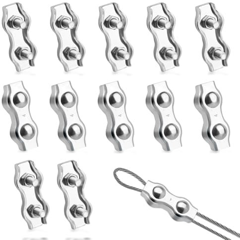 M4 Duplex Klemme, 12 Stück Drahtseilklemme, 304 Edelstahl Seilklemme, Seilklemmen für 3mm Stahlseil Drahtseil Wäscheleine Markise Fixiert