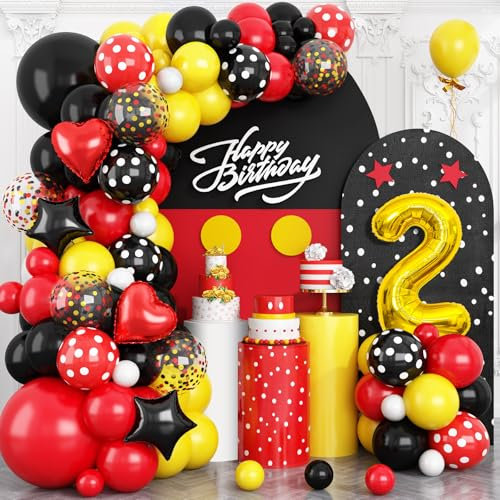 Cartoon 2nd Birthday Party Decorations, Red Yellow Black Balloons Arch Kit, Gold Number 2 Balloon with Star Heart Foil Balloon for Kids Boys 2nd Themed Birthday Baby Shower Supplies