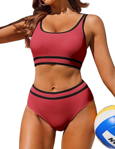AI'MAGE Badeanzug Damen Sport Bauchweg Bikini Set High Waist Bikini-Sets Bademode Push Up Sportlich, Rot S