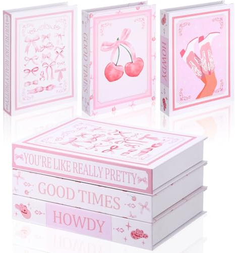 Weysat Preppy – Lot de 4 faux livres décoratifs avec nœud rose, faux livres empilés pour la décoration de la maison, esthétiques, mignons et modernes pour table basse, bibliothèque, chambre à coucher