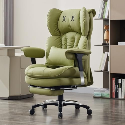 Efomao Bürostuhl, X-Stickerei Big and Tall Stuhl aus PU Leder für Zuhause, Verstellbarer Hochlehner Computer Gaming Stuhl, 200 kg drehbarer Chefsessel mit Fußstütze und Lendenwirbelstütze, Olivgrün