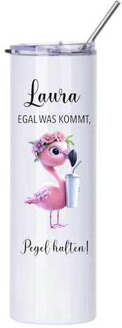 MiniGifts Personalisierter Thermobecher to go Weinbecher Edelstahl Strohhalm 'Mädels Pegel halten' Wunschname Isolierter Becher Aperol Spritz Thermobecher Geschenk Frau Freundin (Flamingo)