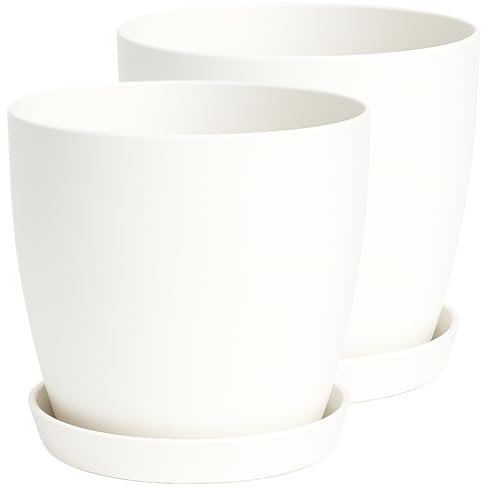 Home Garden Ornaments Plant Pots Indoor, Set of 2 with Saucers,6 Pastel Colours, Indoor Plant Pot, 8 Sizes (White, 18cm / 7.1 inch)