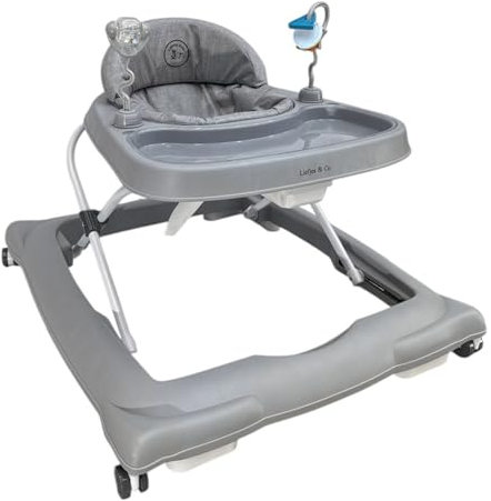 Liefjes & Co Lauflernhilfe & Gehfrei Babywalker – mit 360° Rollen, Spielstation & Spielzeug – Höhenverstellbar, klappbar, mit hoher Rückenlehne – Lauflernwagen (Grau)
