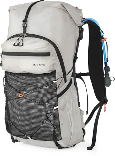 IX INOXTO Wanderrucksack für Damen und Herren, 30 l, wasserdicht, Camping-Rucksack mit 3 l Wasserblase und Regenschutz, leichter Outdoor-Sport, Reisen, Tagesrucksack zum Klettern, Radfahren (Hellgrau)