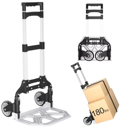 Folding Hand Truck - Aluminum Portable Dolly Cart with Telescopic Handle, Bungee Cord - Compact Lightweight Foldable Luggage Cart for Moving, Home, Auto, 180lbs, Black