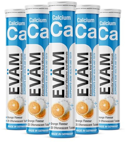 EVÄM Calcium Brausetabletten Orange I Geschmack Orange I 5x 20 Stück I Nahrungsergänzungsmittel mit wichtigen Vitaminen für den täglichen Vitaminbedarf I Vegan I Zuckerfrei I Made in Germany