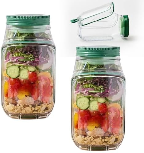 KBIBCK Salad Pod, 1L Salad Pod Jar Side Open, Leak Proof Vertical Layering SaladPod Built-In Bowl Design, Sauce Dressing Case, Portable SaladContainer for Lunch Home Outdoor Travel & Party (2, Green)