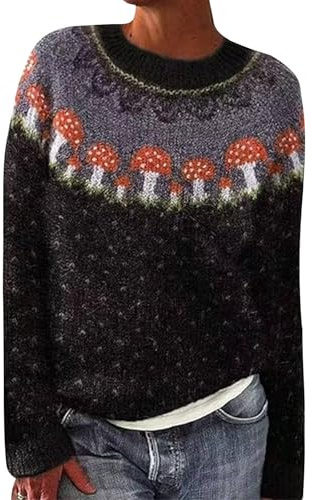 Rund hals tröjor för kvinnor Storbritannien norska kvinnor stickade överdimensionerade tröjor långärmad toppar tröja varm lösa tröjor stickade crew-neck tröja vinter pullover lätta tröjor, Svart, 3XL