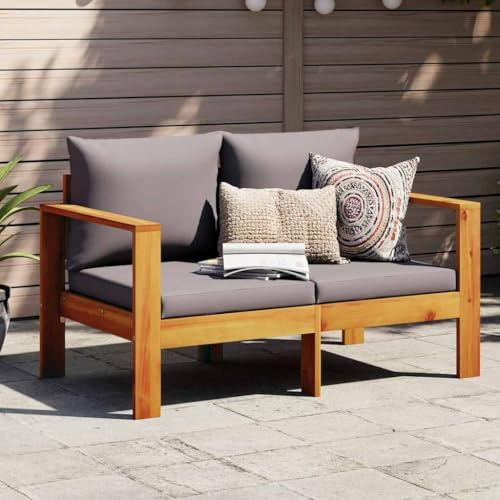 Runheo Gartensofa mit Kissen 2-Sitzer Massivholz Akazie, Dunkelgrau, 122x68x64 cm, Robustes Outdoor Loungesofa für Terrasse, Balkon, Gartenmöbel Set